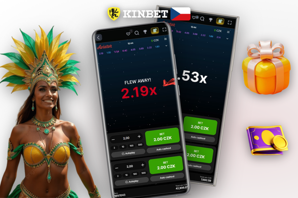Aviator demo v Kinbet Casino zobrazuje tlačítko Cash Out a sázková pole
