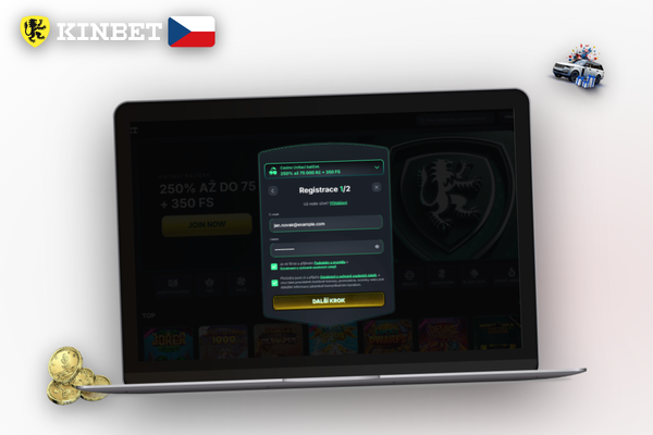 Hráč dokončuje Kinbet Casino CZ registraci na mobilu a notebooku v moderním interiéru