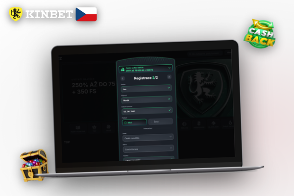 Detail notebooku s registračním formulářem Kinbet Casino a vyplňovaným polem e-mail