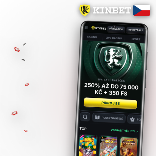 Kinbet Casino app otevřená v mobilním telefonu s lobby kasinových her