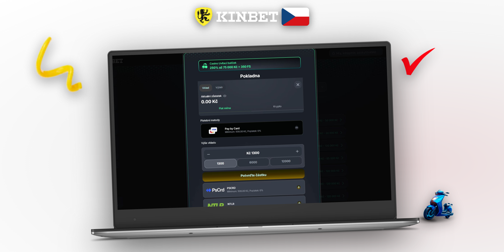 Rozhraní pokladny Kinbet Casino s minimálním vkladem 500 CZK na notebooku i mobilu