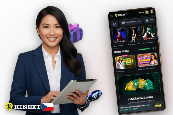 Ruka s telefonem ukazující pokladnu Kinbet Casino s ikonami Visa a kryptoměn