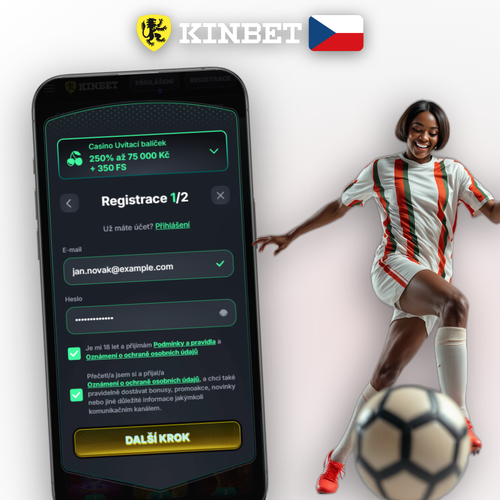 Registrační formulář Kinbet Casino s tlačítkem Registrace a ikonou bezpečnosti účtu