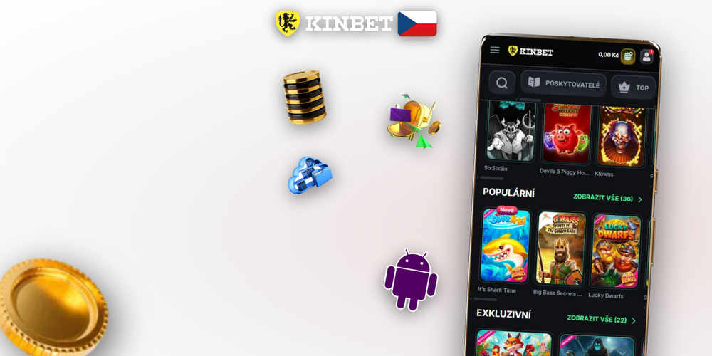Tři obrazovky Kinbet Casino aplikace — sloty, živé kasino a sportovní sázky